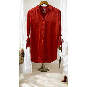 Target X Sammy B Red Orange Satin  Button-Up Tunic‎ Shirt With Tie-Sleeves L
